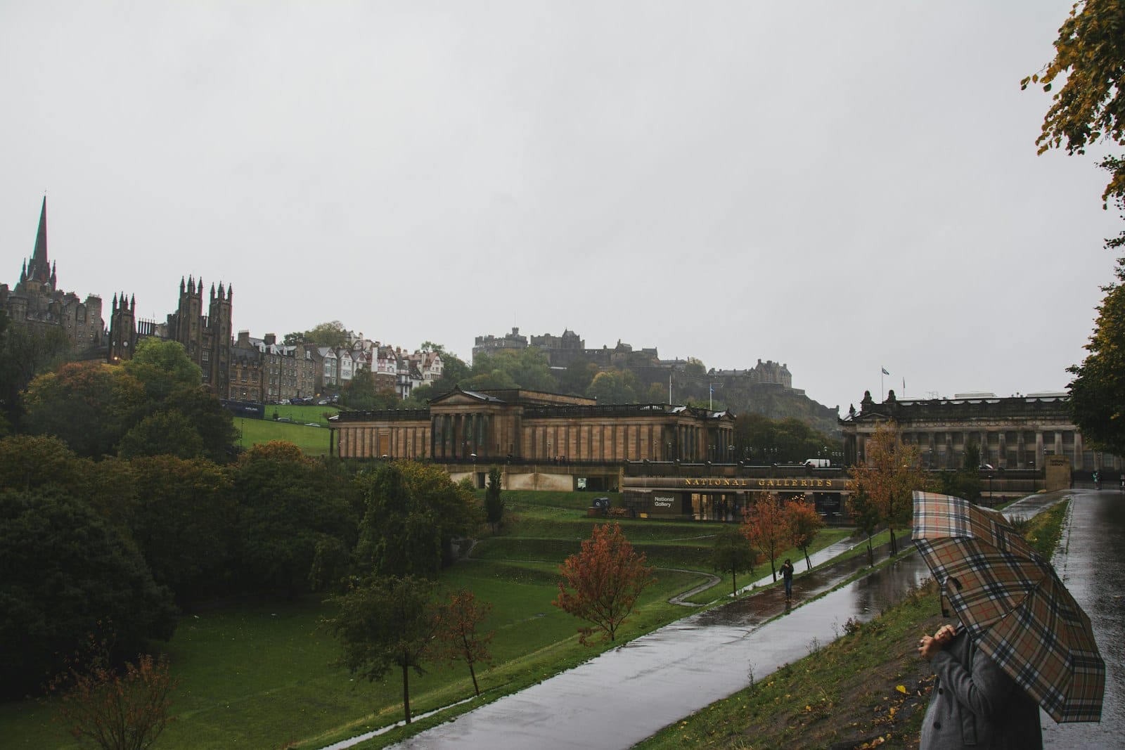 Blick auf Edinburghs New Town mit der neoklassizistischen Scottish National Gallery und den Princes Street Gardens an einem bewölkten Tag, Menschen gehen mit Regenschirmen spazieren.