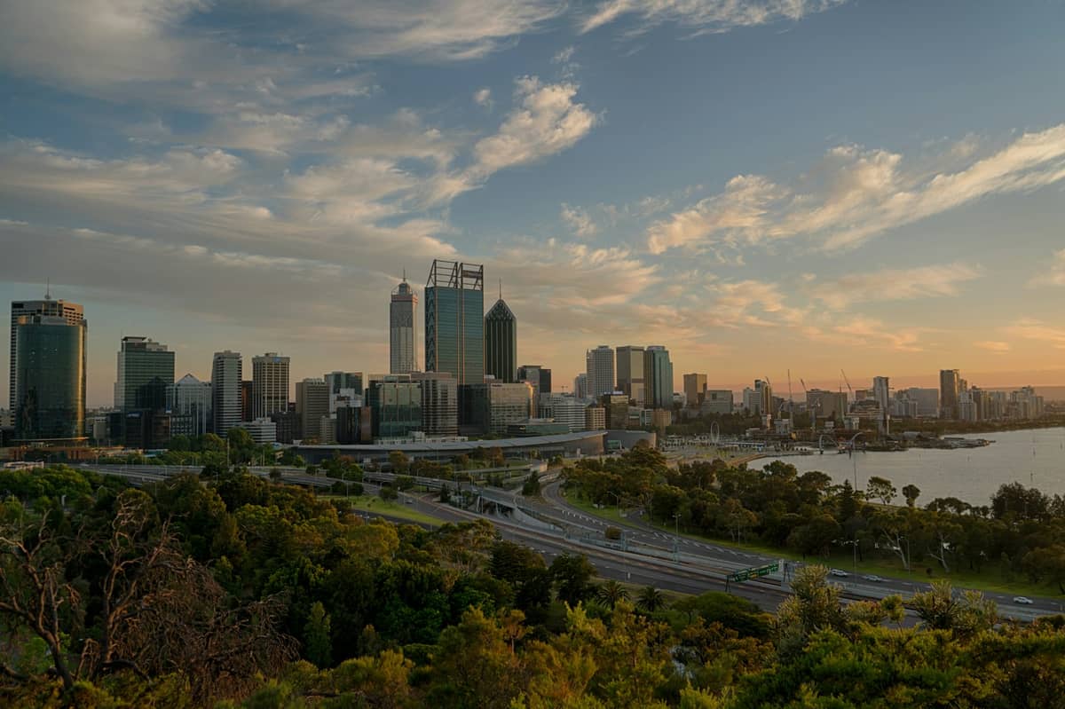 Vista del horizonte de la ciudad de Perth desde Kings Park al atardecer, con vegetación autóctona y carreteras en primer plano.