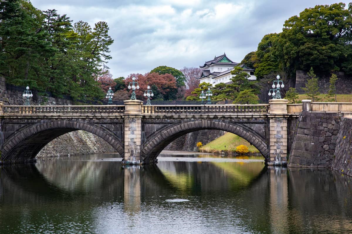Classic view of Tokyo’s Imperial Palace with the famous stone bridge, surrounding moat, and historic building in the background.
