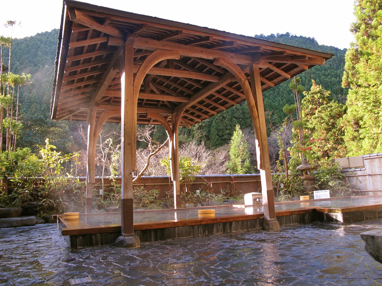 The open-air bath at Kurama Onsen, surrounded by trees on the forested slopes of Mount Kurama.