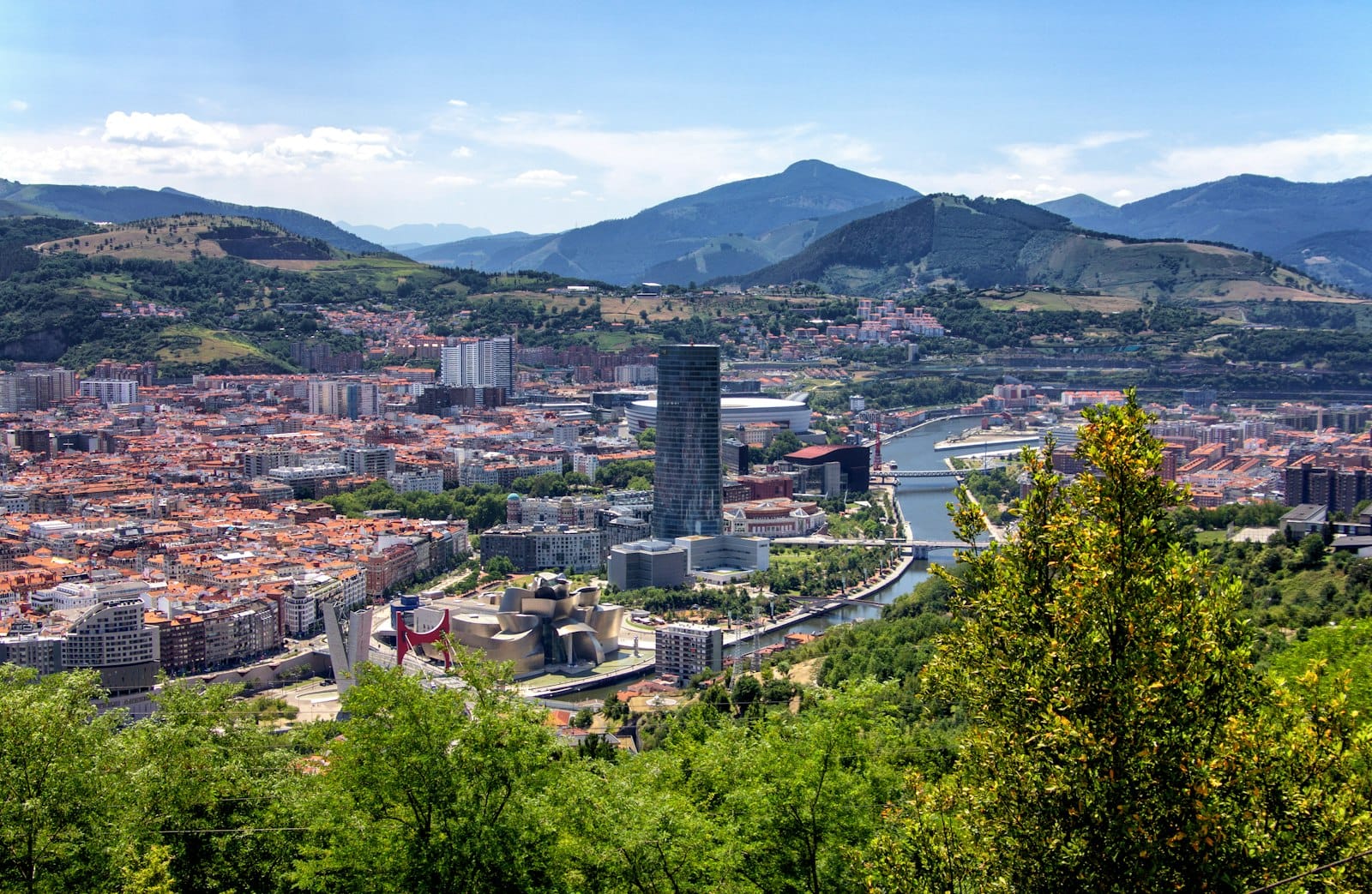 Panoramic view of Bilbao’s Abandoibarra district, showing the riverfront, modern skyscrapers, Guggenheim Museum, open parklands, and surrounding green hills under a clear sky.