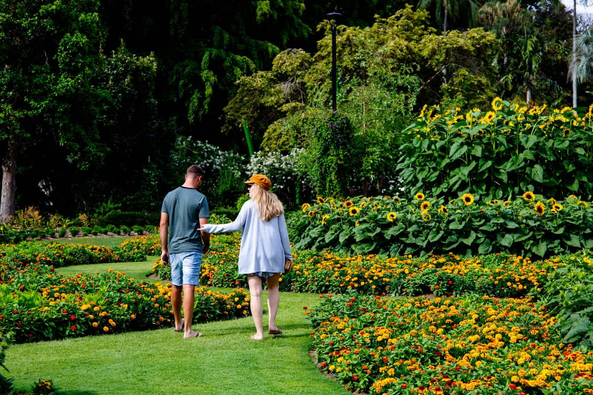Paar, das Hand in Hand einen lebhaften Gartenweg entlanggeht, gesäumt von Sonnenblumen und orangefarbenen Blumen, umgeben von üppigem Grün.