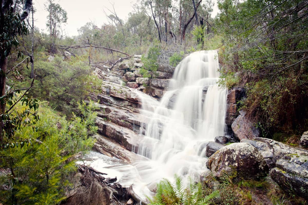 Weitläufige Aussicht auf einen natürlichen Wasserfall, der über Felsen stürzt, umgeben von üppigem Buschland und Bäumen in den Adelaide Hills.