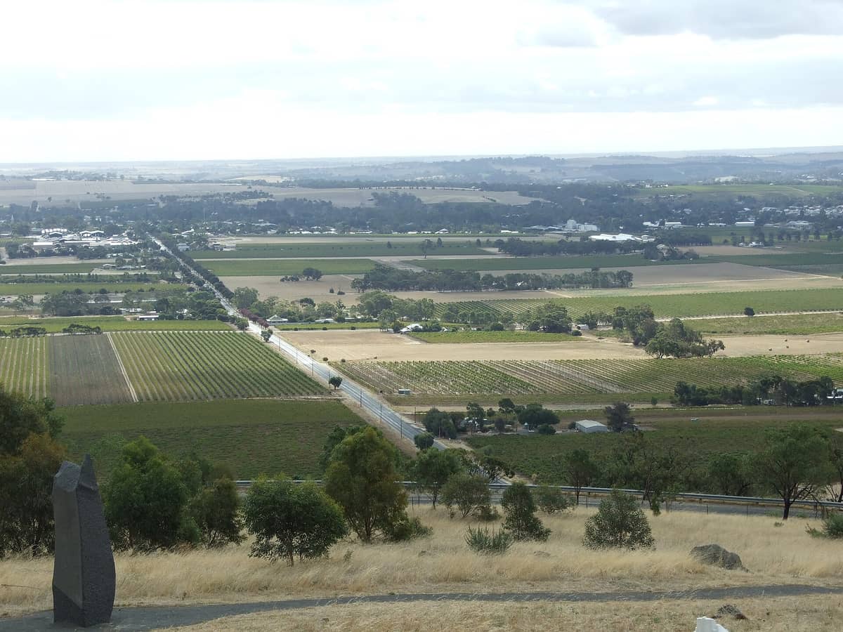 Ein weitläufiger Blick über die Weinberge des Barossa Valley in South Australia mit Ackerland, Straßen und einer entfernten Ortschaft unter einem bewölkten Himmel.