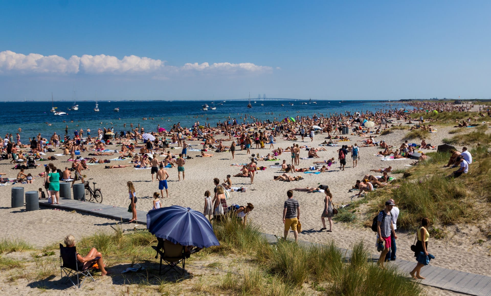 Folla che gode del sole sulla spiaggia sabbiosa di Amager Strandpark, con persone che prendono il sole, passeggiano e si rilassano vicino al mare blu sotto un cielo sereno.