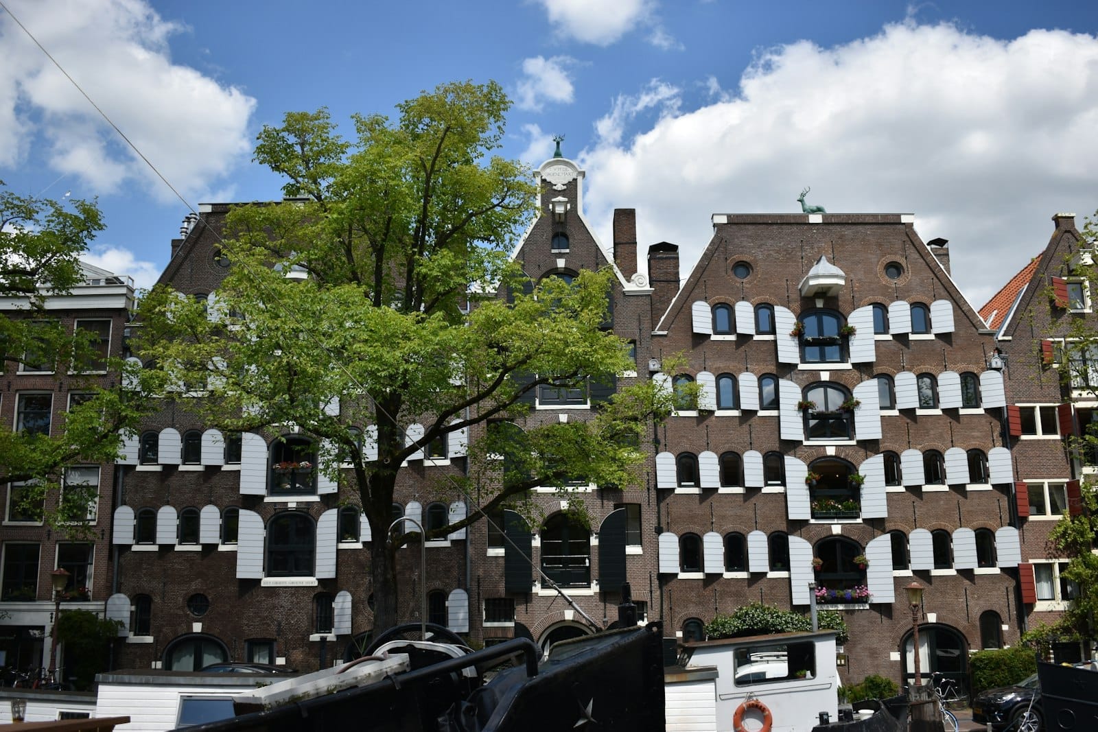 Edificios de apartamentos de ladrillo en Ámsterdam con expresivas ventanas de marco blanco y fachada decorativa, calle arbolada bajo un cielo azul