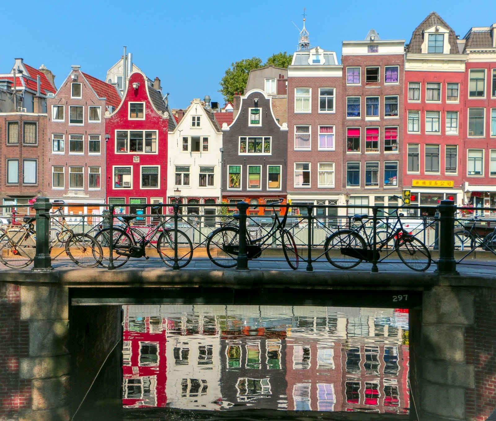 Casas de canal coloridas con fachadas tradicionales reflejadas en el agua, bicicletas alineadas en un puente en Ámsterdam en un día soleado.