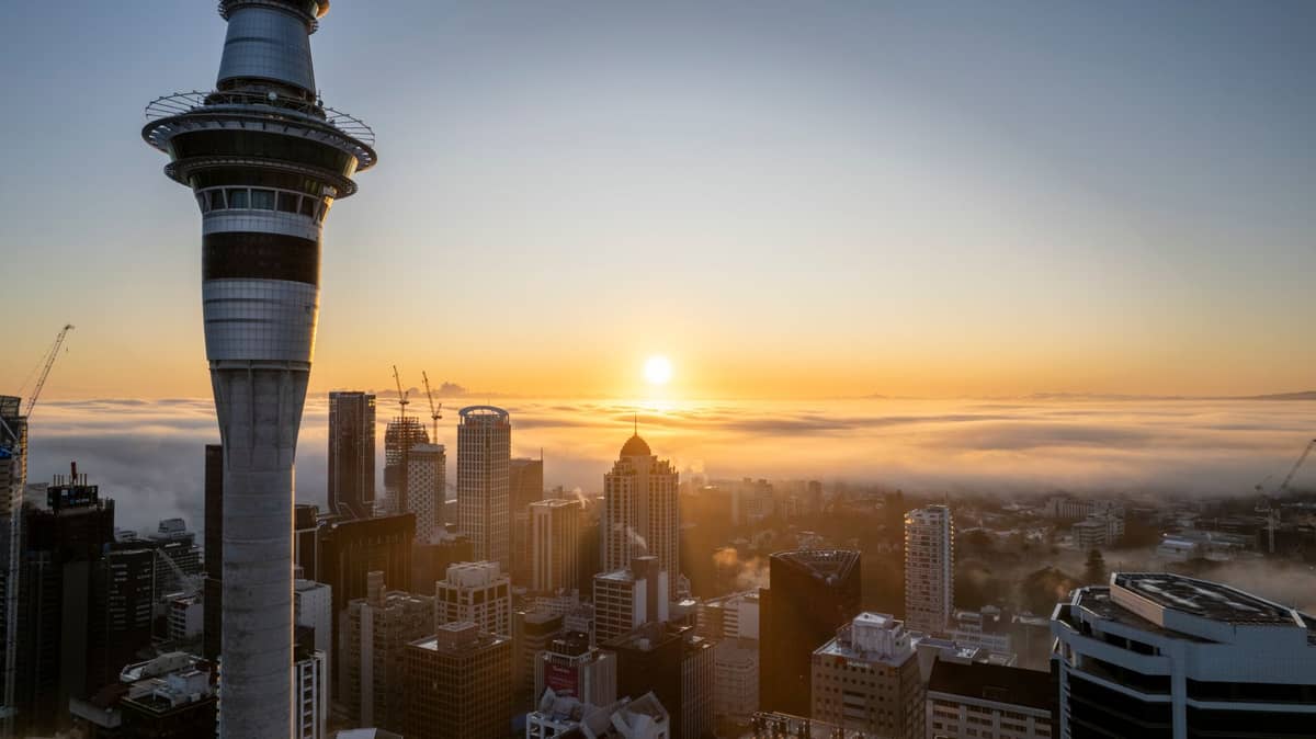 Der Sky Tower dominiert die Skyline von Auckland bei Sonnenaufgang, mit hohen Gebäuden und Nebel, der die Stadt darunter bedeckt.