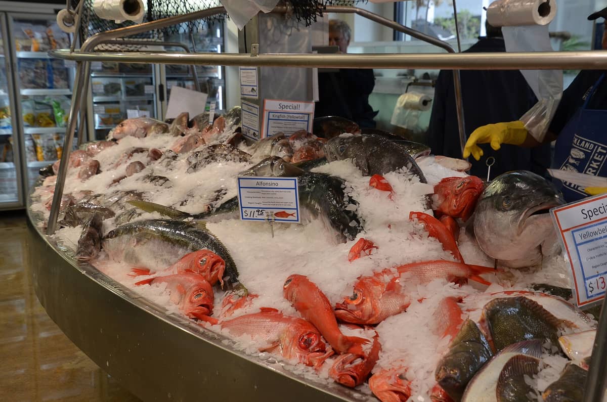 Frischer Fisch – darunter Alfonsino, Königsfisch und Scholle – auf Eis ausgelegt im Auckland Fish Market; im Hintergrund beschriften Mitarbeitende die Schilder und verarbeiten Meeresfrüchte hinter der Theke.