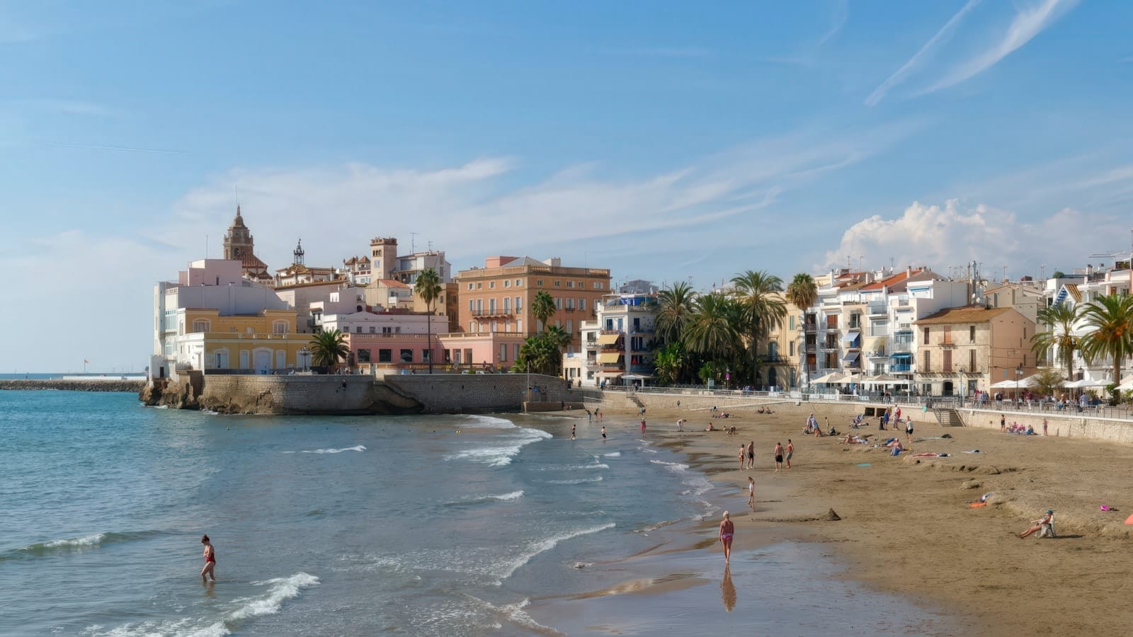 Colorful buildings and church overlooking a sandy beach and calm sea at Sitges near Barcelona under a clear blue sky.