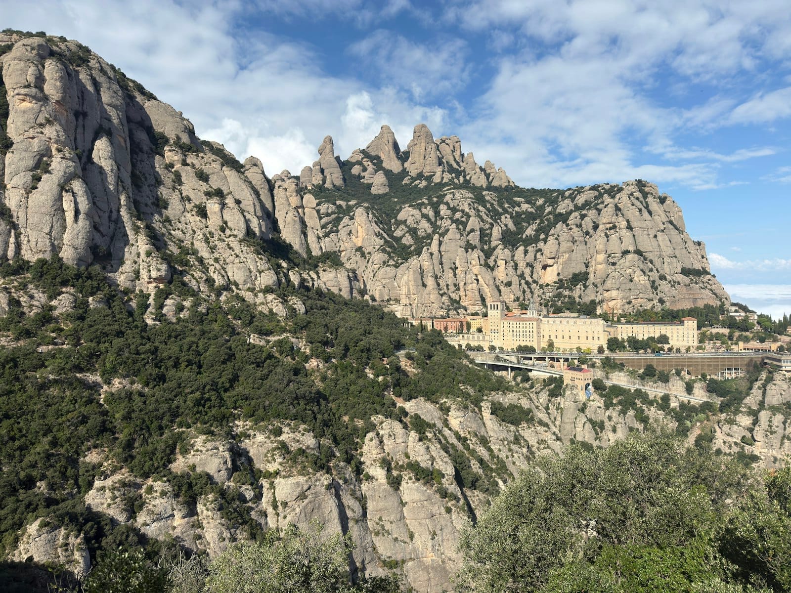 Wide view of Montserrat monastery nestled against towering rocky mountains under a partly cloudy sky.