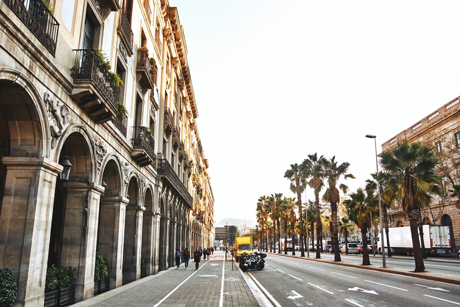 Sunlit boulevard in Barcelona with elegant arcades, palm trees, and people strolling—a lively city atmosphere that appeals to all ages.