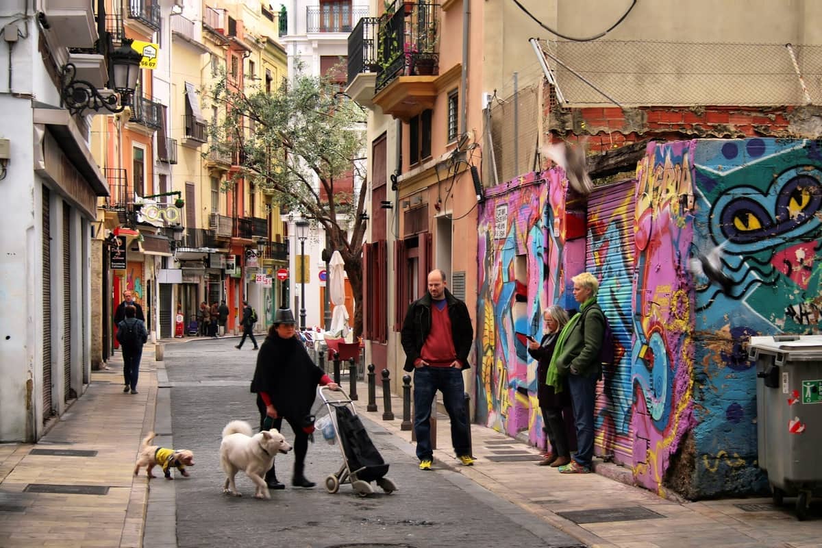 Scena di strada colorata nel Barrio del Carmen, Valencia, con abitanti del posto, graffiti vivaci, edifici antichi e persone che portano a spasso i cani in una giornata nuvolosa.