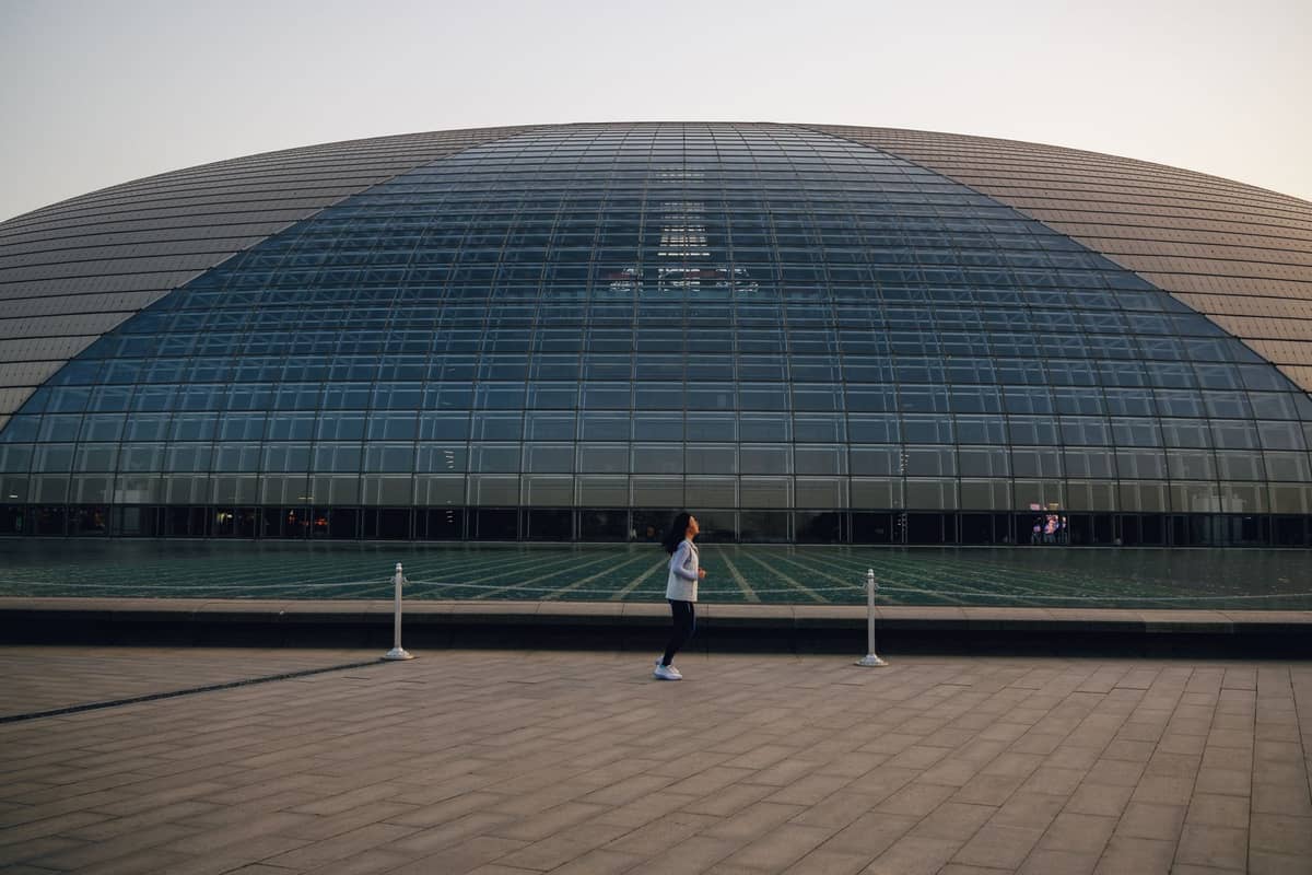 Eine Person steht vor dem National Centre for the Performing Arts in Peking, einem modernen kuppelförmigen Theater aus Glas und Titan.