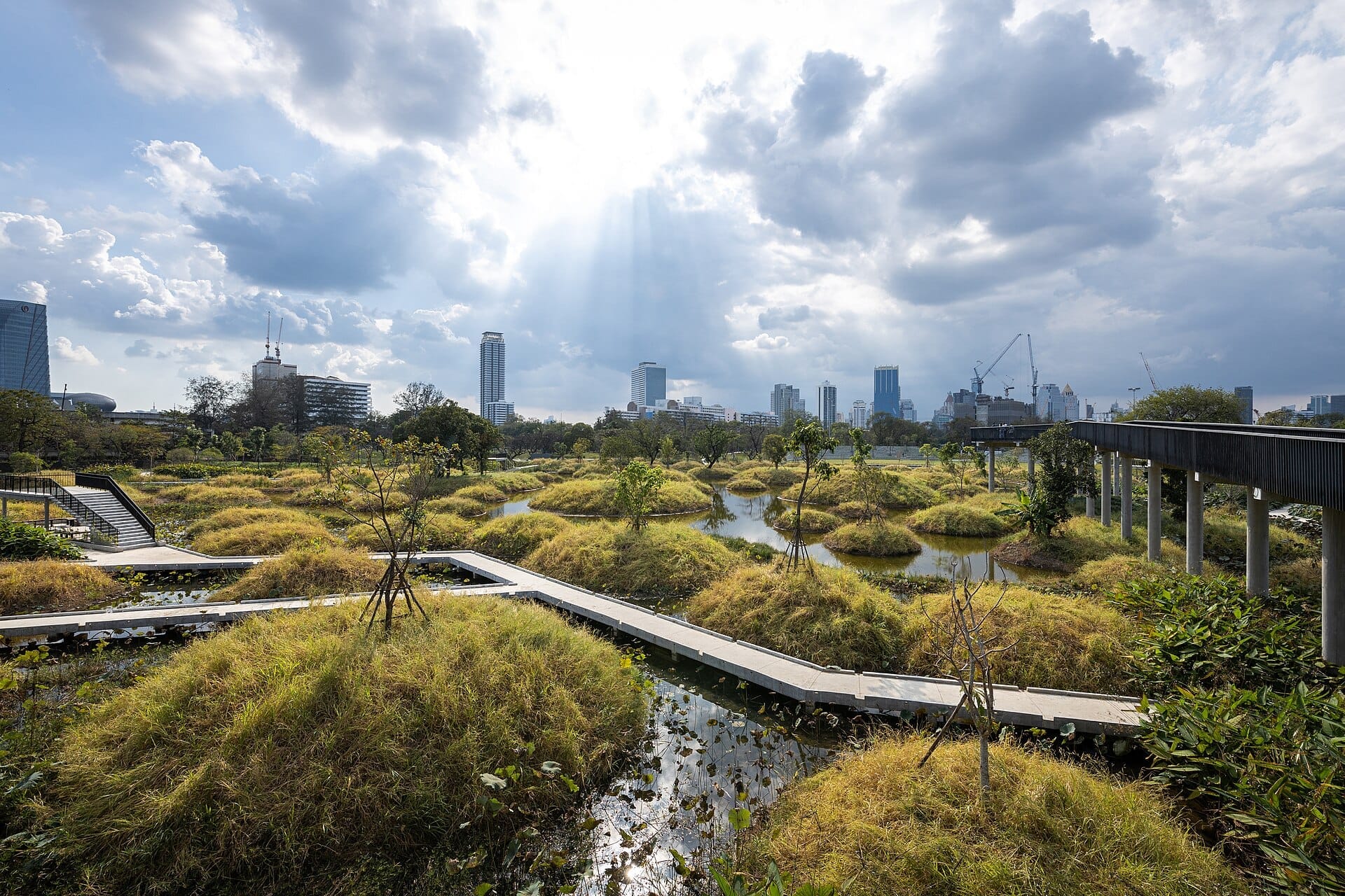 Zona umida di Benjakitti Park con passerelle sinuose, stagni e lo skyline di Bangkok sotto raggi di sole drammatici