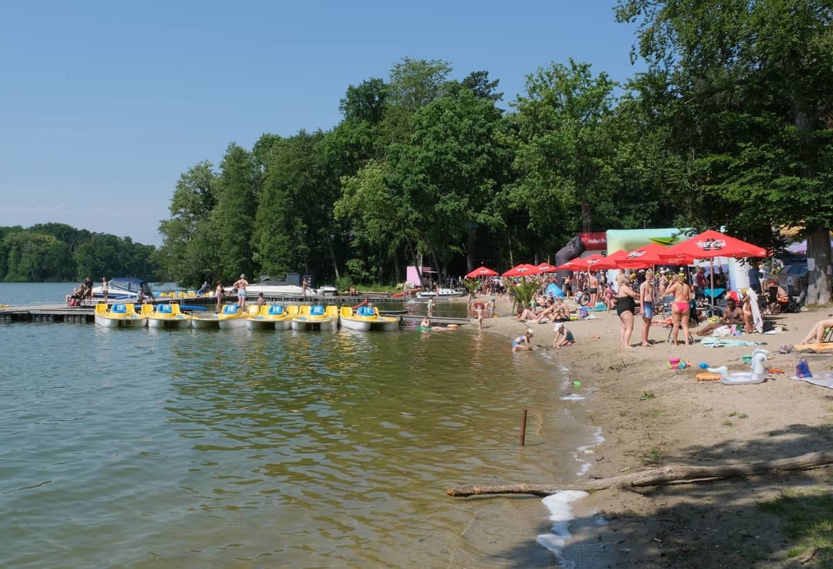 Spiaggia lacustre affollata con famiglie, bambini, pedalò, chioschi e ombrelloni vicino a un'area boscosa in una giornata di sole.
