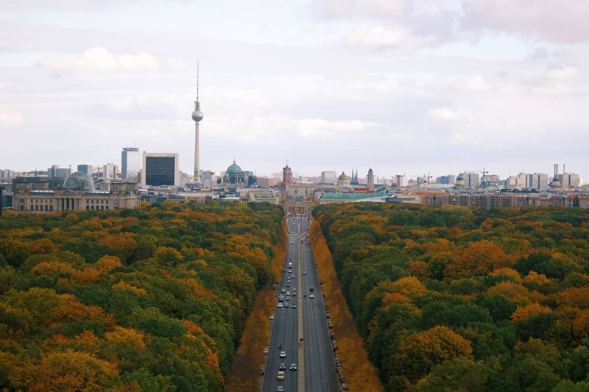Weiter Stadtpanoramablick auf Berlin mit dem ikonischen Fernsehturm, einem zentralen Boulevard und herbstlich gefärbten Bäumen im Vordergrund.