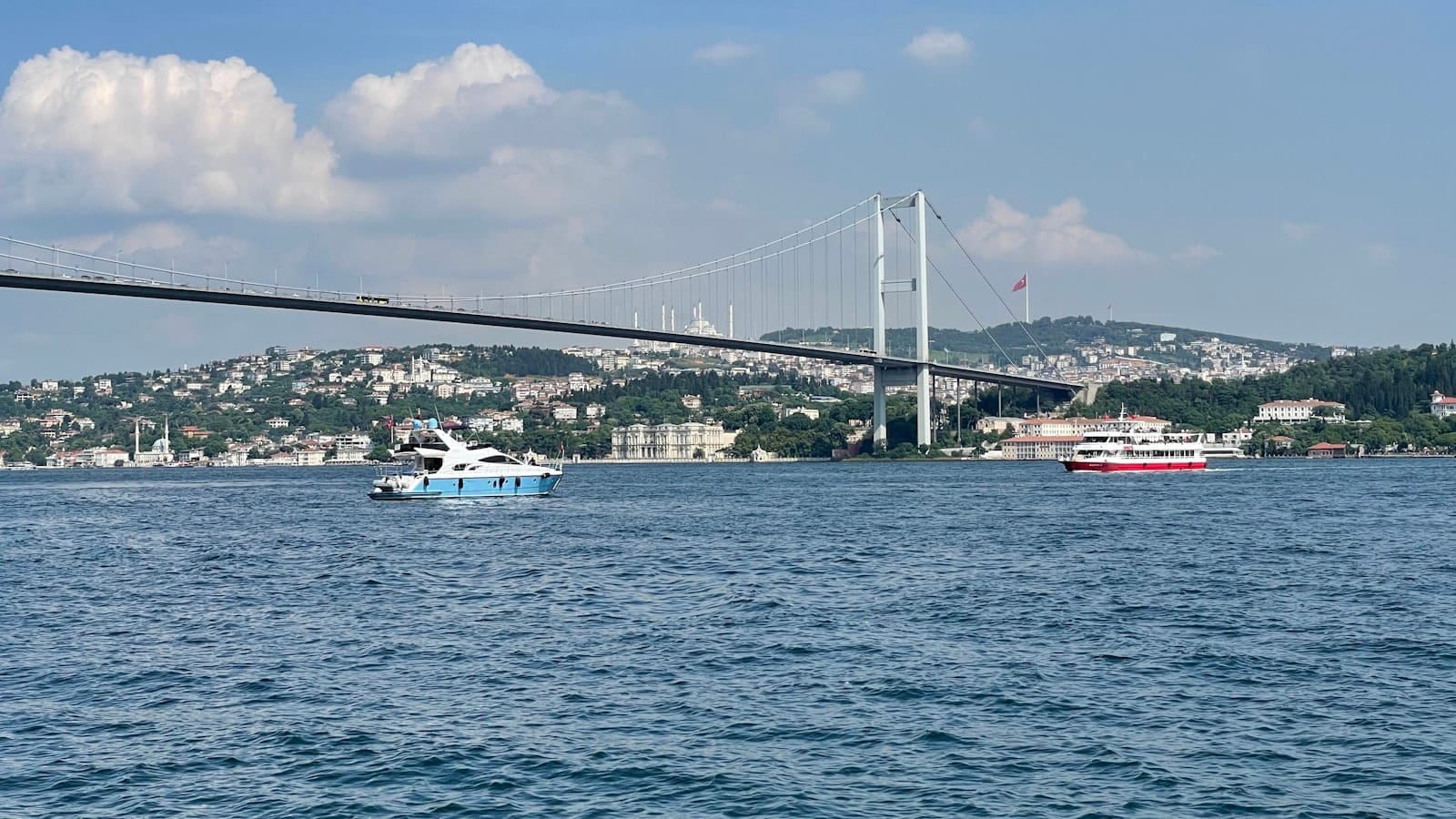 มุมกว้างของสะพานบอสฟอรัส พร้อมเรือและเนินเขา โดดเด่นด้วยหมู่บ้านริมแม่น้ำของเบซิกตัชและออร์ตาโคย์ในวันที่อากาศสดใส