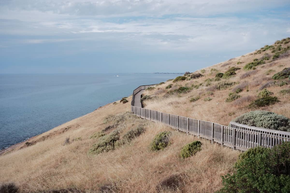 Wooden boardwalk winds along a grassy coastal hill overlooking calm blue sea under a lightly clouded sky.