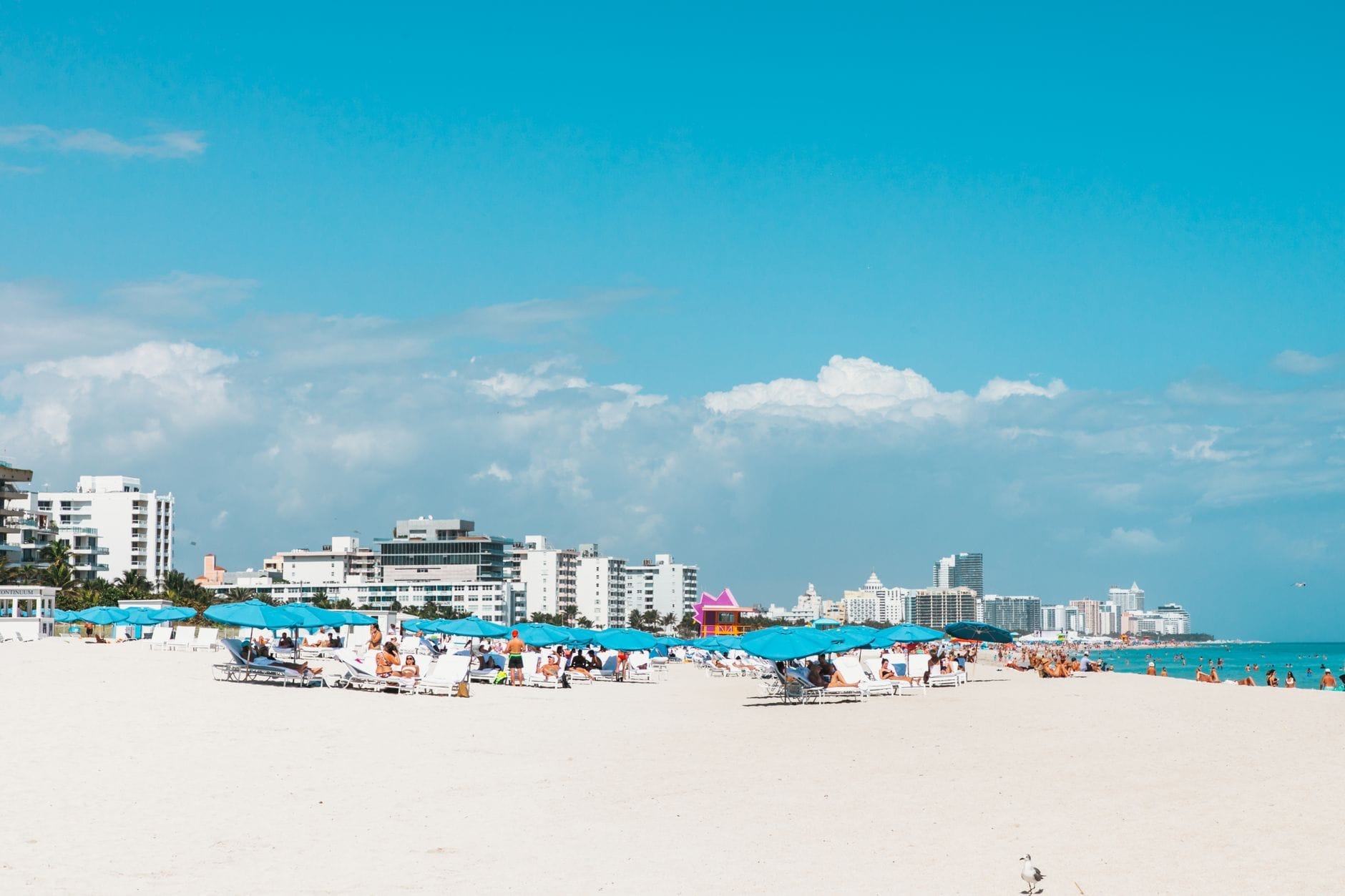 Ampla faixa de areia da South Beach em Miami com guarda-sóis azuis, banhistas e hotéis de grande porte à beira-mar sob um céu claro durante o dia.