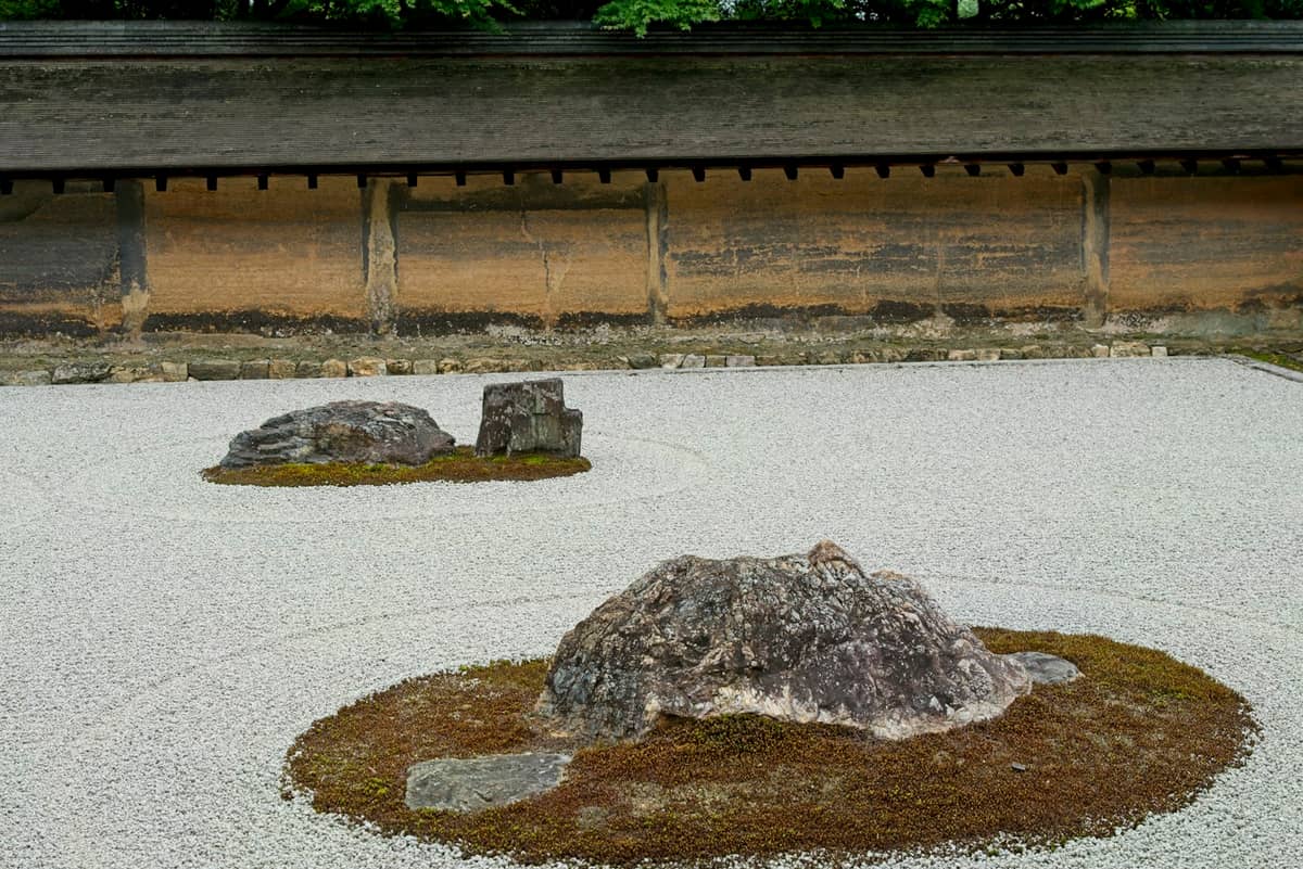 Classic dry landscape Zen garden at Ryoan-ji in Kyoto, with raked gravel, moss, and rocks against an earthen wall and lush greenery.