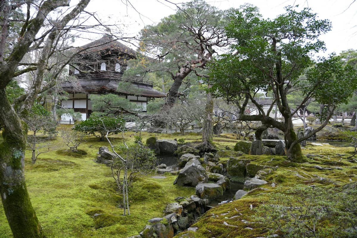 Lush moss garden with stones and trees surrounding a traditional wooden Japanese building, typical of Kyoto's stroll and moss gardens.