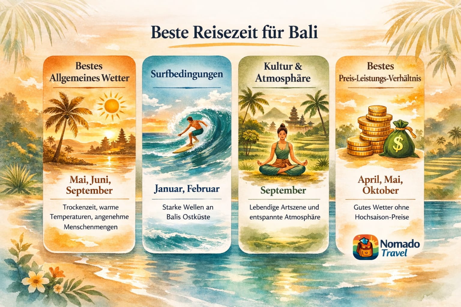 Infografik beste Reisezeit Bali: Wetter, Surfen, Kultur und Budget