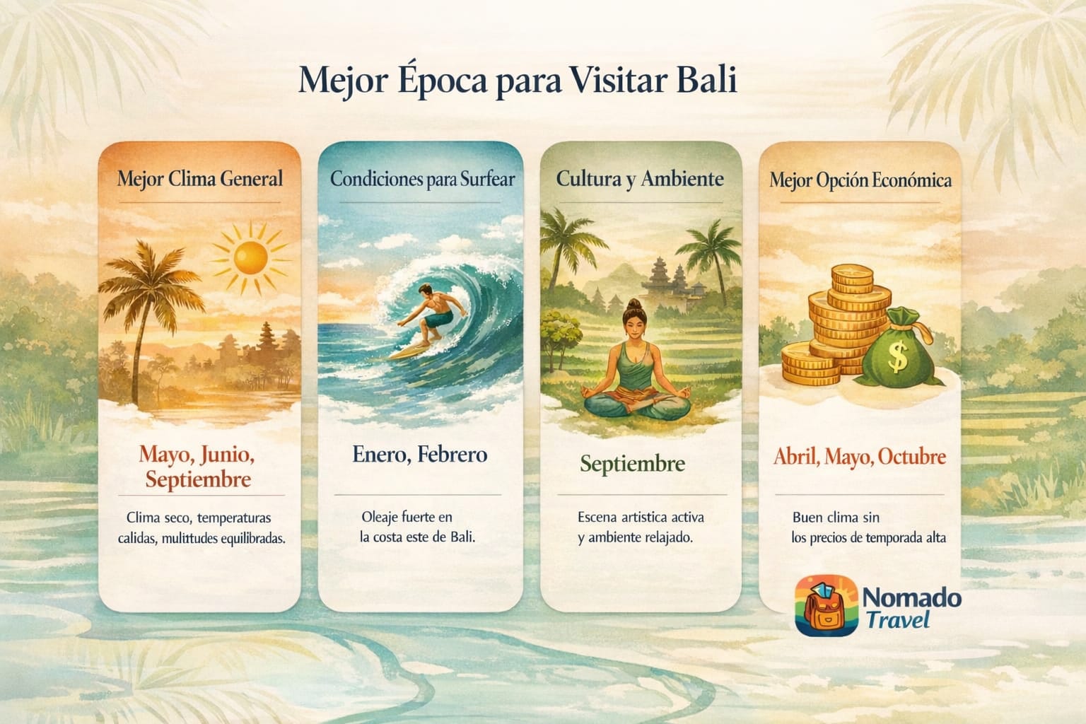 Infografía mejor época para visitar Bali: clima, surf, cultura y presupuesto