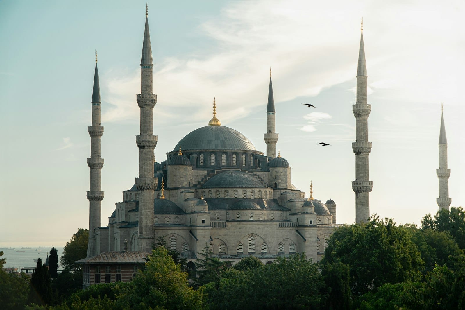 A imponente fachada da Mesquita Azul de Istambul ao entardecer, com seis minaretes se erguendo acima das árvores e pássaros voando num céu limpo.