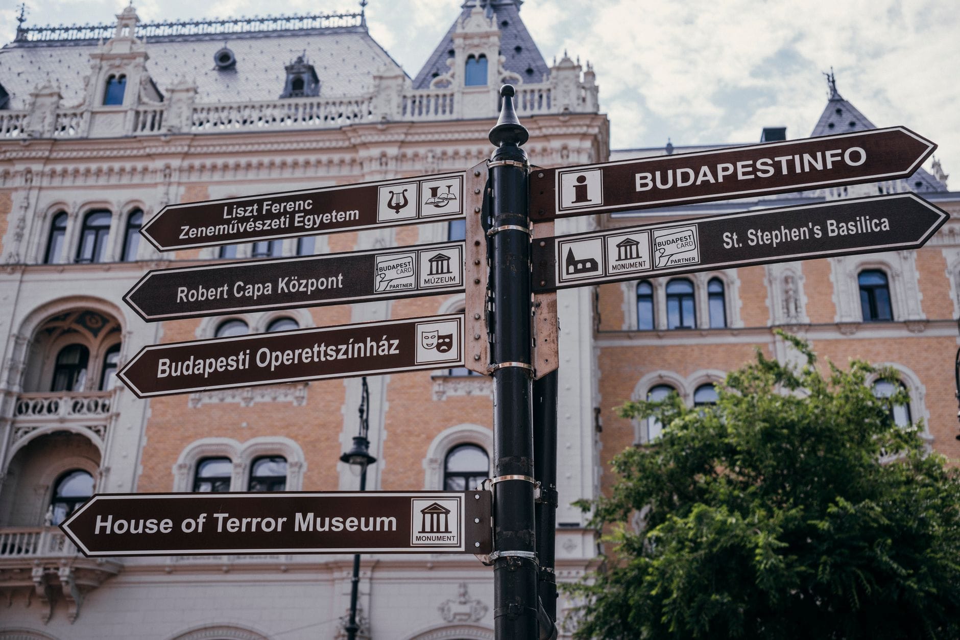 Direksyonal na signpost sa Budapest na nagpapakita ng daan patungo sa mga pangunahing lokasyon, kabilang ang House of Terror Museum, na may isang ornamentadong makasaysayang gusali sa likod.