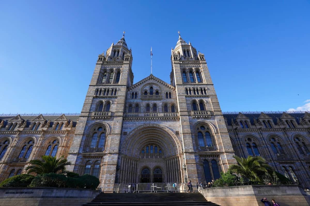 Grande fachada do Natural History Museum em South Kensington, Londres, sob um céu azul com duas torres altas.