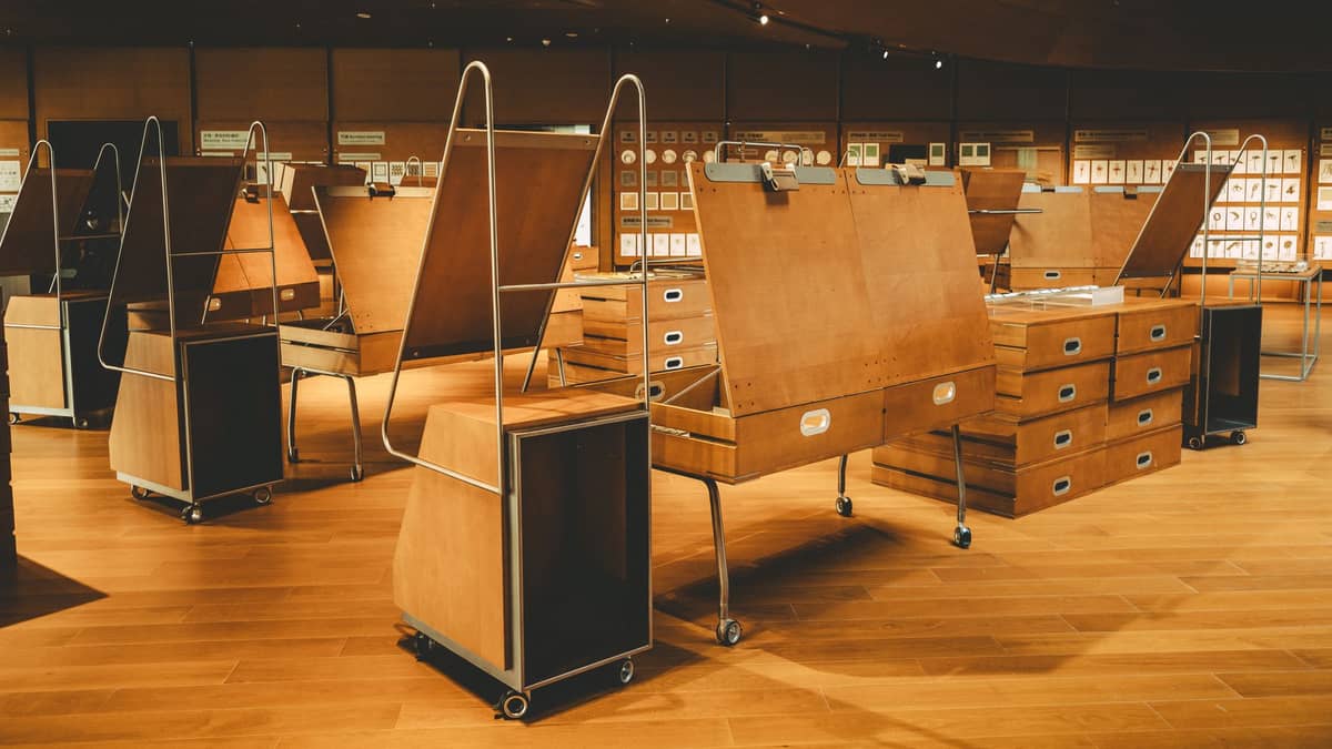 A room filled with wooden desks and cabinets, museum-style displays, and art pieces on wood-paneled walls, seen in warm lighting.