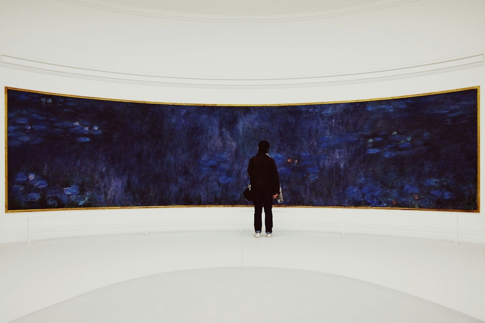 Eine Person steht in einem weißen ovalen Raum und betrachtet ein langes, geschwungenes Gemälde der Seerosen von Monet im Musée de l'Orangerie in Paris.