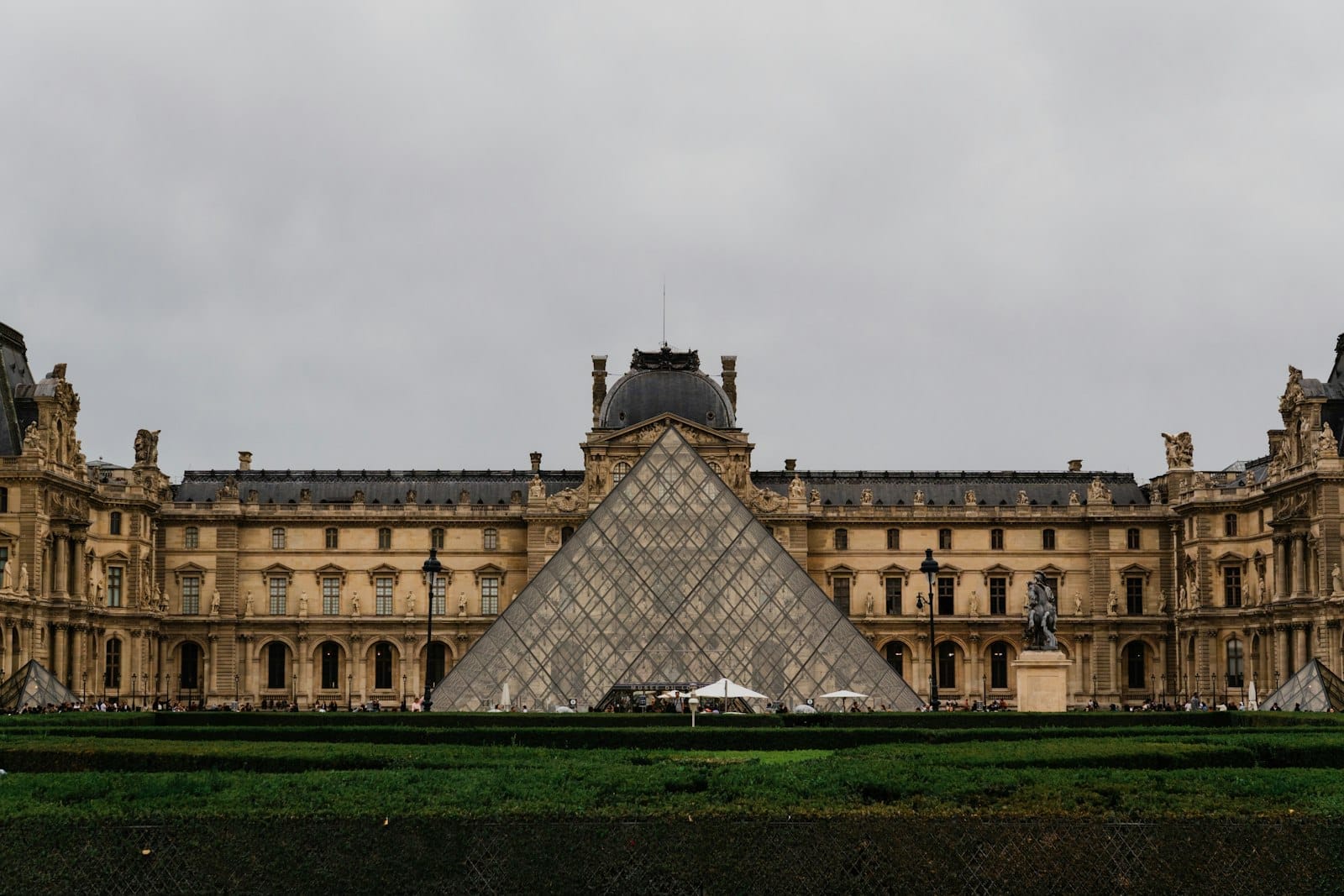 Weitwinkelansicht des Louvre-Museums mit seiner ikonischen Glaspyramide und historischen Fassade unter einem bewölkten Himmel.