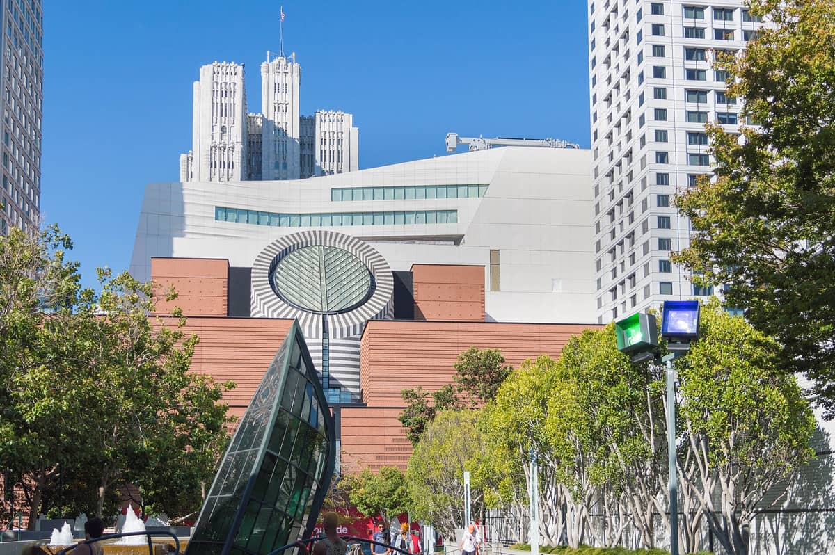 Weitwinkelansicht des Außenbereichs des SFMOMA San Francisco Museum of Modern Art mit seinem ikonischen runden Oberlicht und modernen architektonischen Linien, umgeben von Stadtgebäuden und Bäumen.