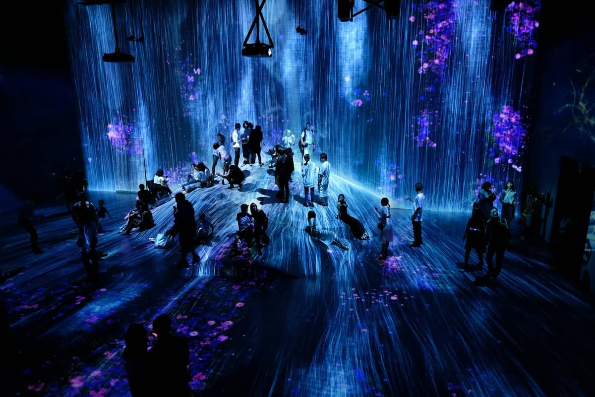 People interact with immersive digital waterfall and floral projections in a dark room, typical of teamLab Borderless Tokyo digital art museum.