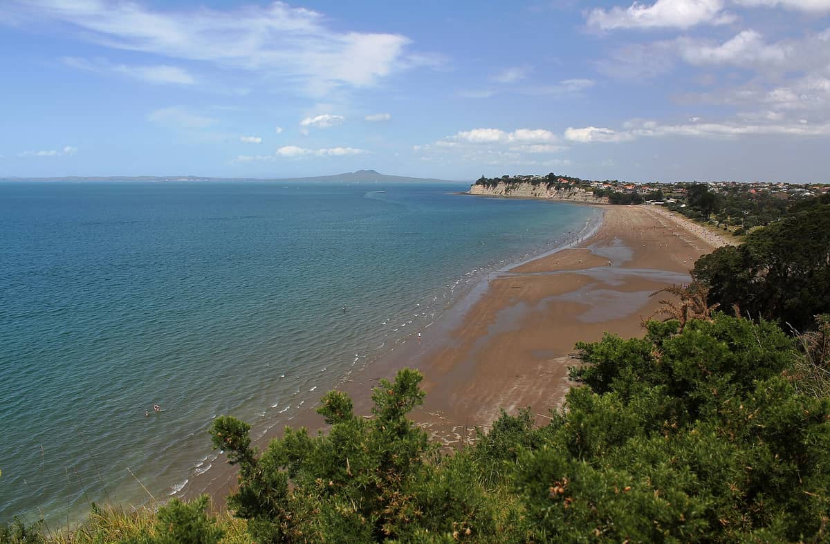 Vue large d'une plage de sable du port d'Auckland, de falaises côtières et de l'île Rangitoto de l'autre côté de l'eau, avec de la végétation au premier plan.