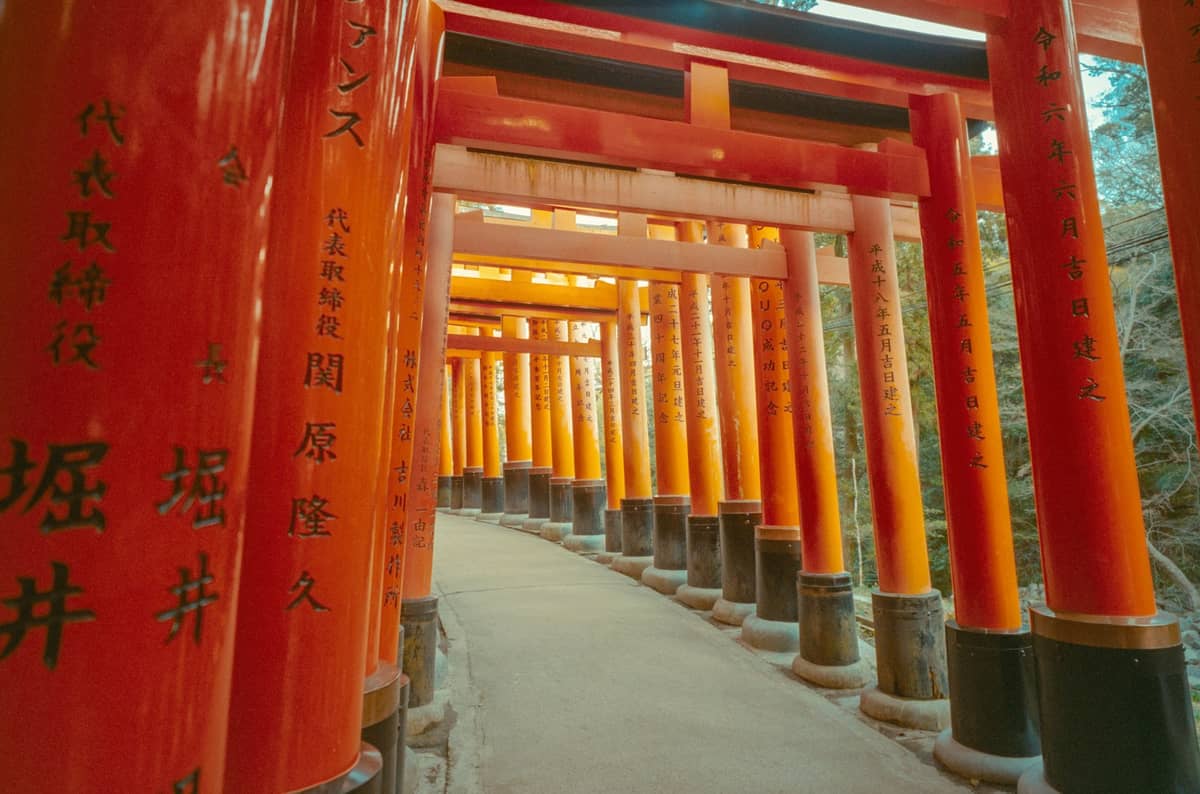 Curving path through bright orange torii gates at Fushimi Inari Taisha in Kyoto, with Japanese inscriptions and sunlight filtering between columns.