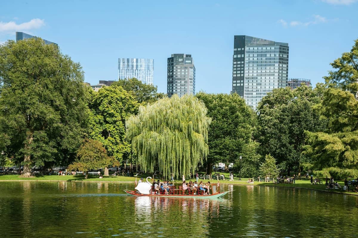 Boston Public Garden wiosną z łódką łabędzią na lagunie, bujnymi drzewami i panoramą miasta w tle pod bezchmurnym niebem.