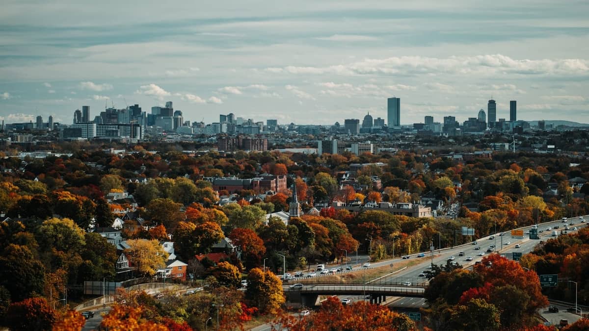 Panoramiczny widok na skyline Bostonu w oddali nad rozległym krajobrazem drzew w żywych jesiennych kolorach pod zachmurzonym niebem
