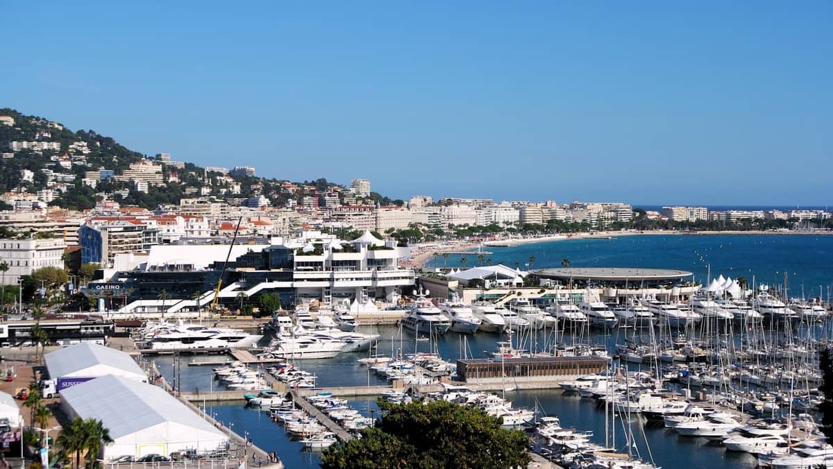 Eine sonnige Marinaszene in Cannes mit vielen angedockten Yachten, der Bucht und der Stadt, die sich unter klarem blauem Himmel entlang der Küste erstreckt.