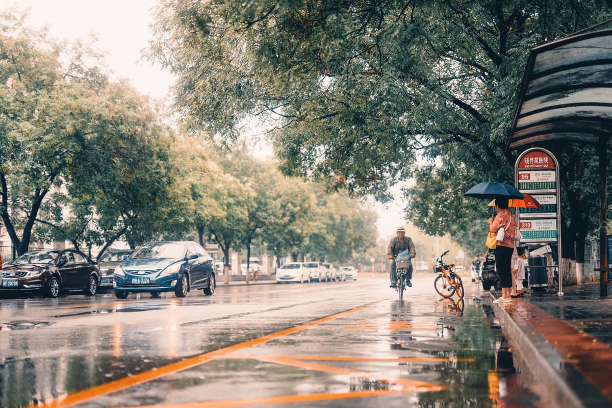 Journée d'été pluvieuse dans une ville chinoise, des personnes s'abritant avec des parapluies à un arrêt de bus, chaussée mouillée et voitures dans la rue.