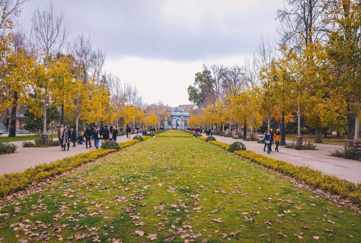 Viale alberato nel Parque del Retiro di Madrid con fogliame autunnale e foglie sparse, persone che passeggiano e cielo nuvoloso.