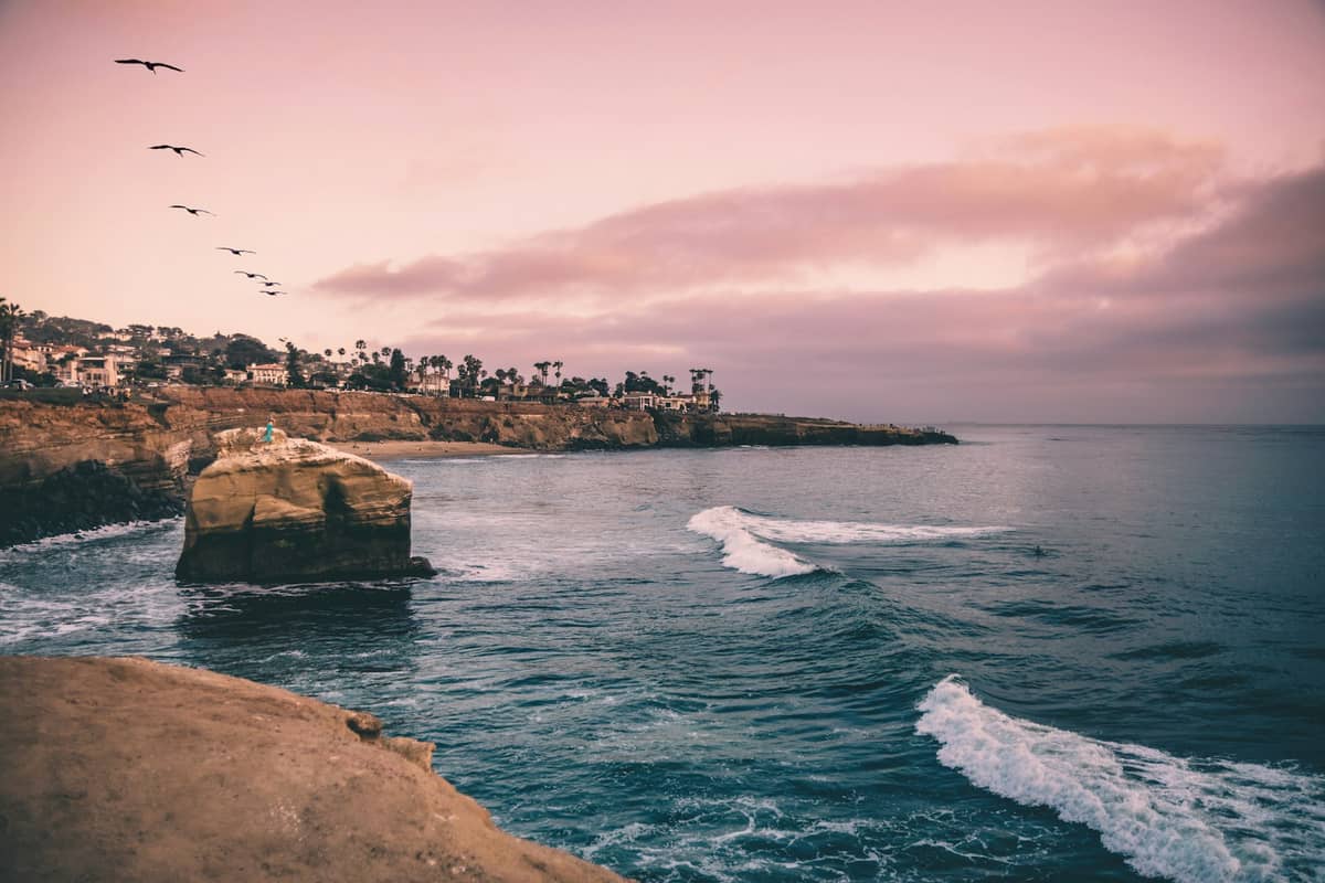 แนวชายฝั่งของ San Diego ยามพระอาทิตย์ตกดินพร้อมท้องฟ้าสีชมพู หน้าผาหิน ต้นปาล์ม และคลื่นที่สงบนิ่ง สื่อถึงบรรยากาศฤดูใบไม้ร่วงที่อบอุ่นและน่าประทับใจ