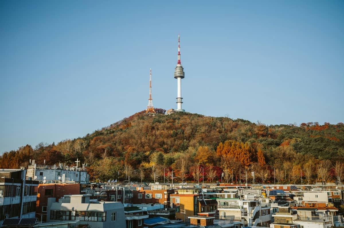 Vista da Montanha Namsan com a Torre N Seoul emergindo acima da folhagem de outono e dos telhados residenciais sob um céu azul em Seul, Coreia do Sul.