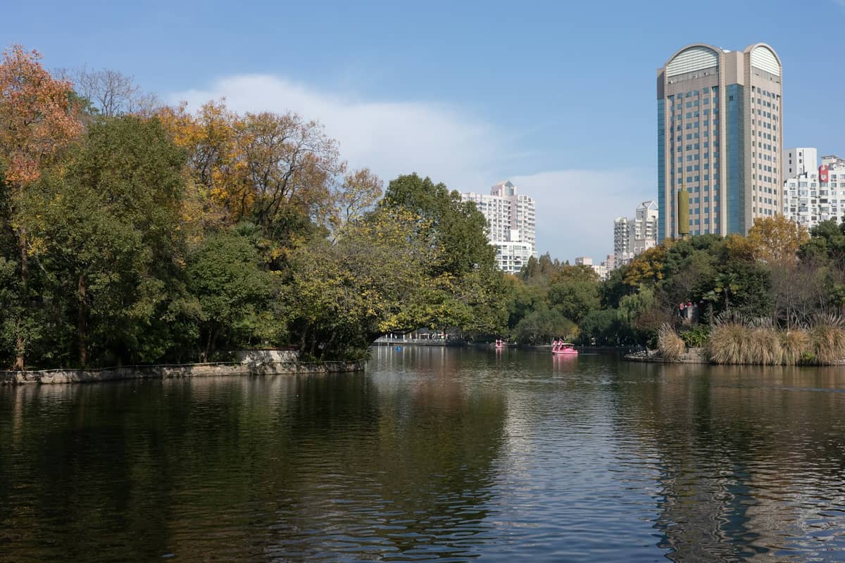 Stadtparkszene in Shanghai mit einem Teich, Herbstlaub und Stadtgebäuden unter einem klaren blauen Himmel