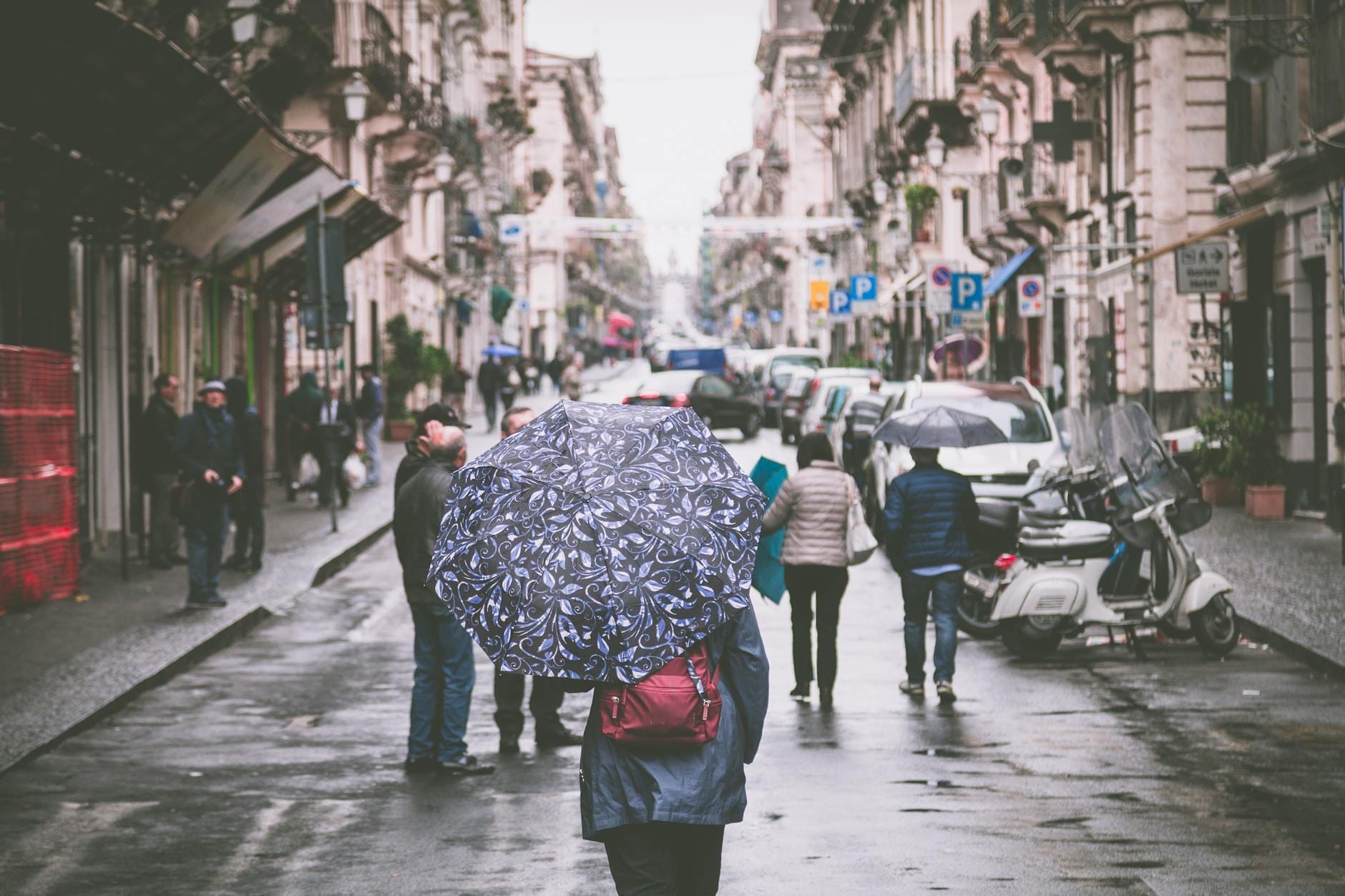 Menschen gehen mit Regenschirmen durch eine nasse Stadtstraße, gesäumt von historischen Gebäuden bei bedecktem Wetter.