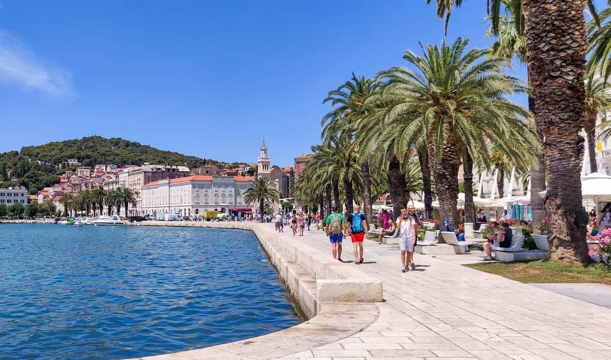 Sonnige Promenade von Split mit Palmen, flanierenden Menschen an der Uferpromenade und historischen Gebäuden im Hintergrund.