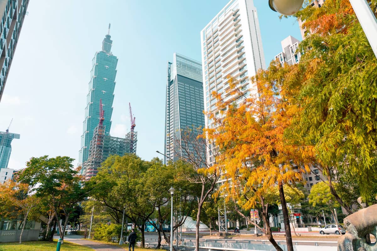 Weitwinkelansicht der Stadtlandschaft von Taipei mit Taipei 101, modernen Gebäuden, Herbstbäumen und einem Fußgänger in einem gestalteten Stadtpark.