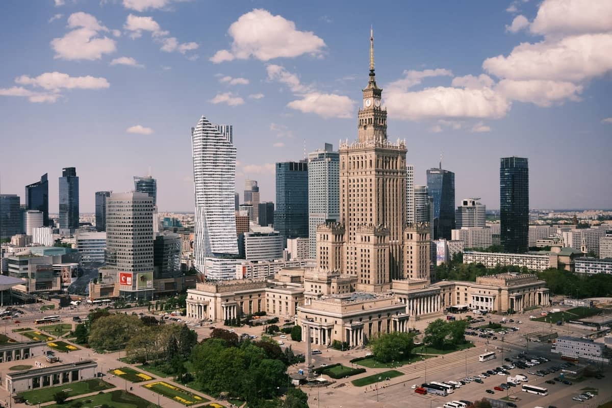 Wyraźny dzienny widok na panoramę centrum Warszawy z Pałacem Kultury i Nauki oraz nowoczesnymi wieżowcami pod częściowo zachmurzonym niebem.